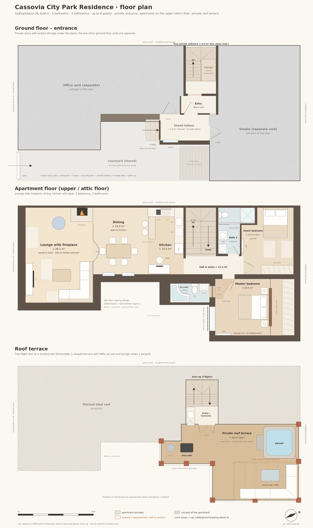 Floor plan of Cassovia City Park Residence: entrance, apartment floor and roof terrace
