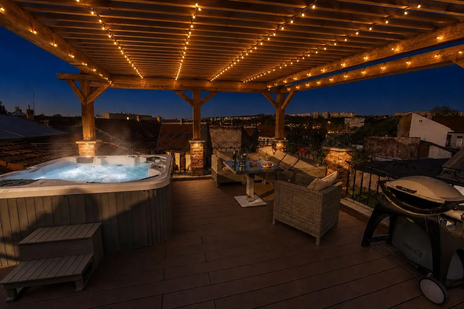 Your private rooftop terrace with Jacuzzi in the evening – Cassovia City Park Residence, Košice